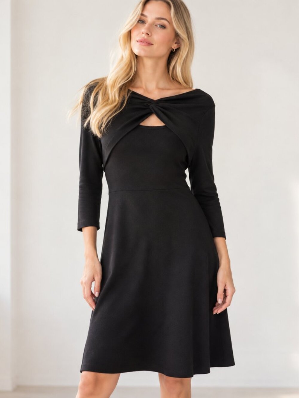 Nanette Lepore Black Twist Front Cutout Knit Fit Flare Dress Size S Minimalist